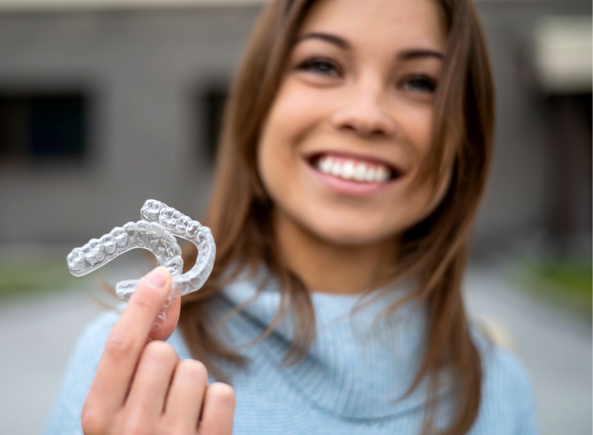 Young woman slightly out of focus, smiling. She is holding up her clear aligners which are in focus.